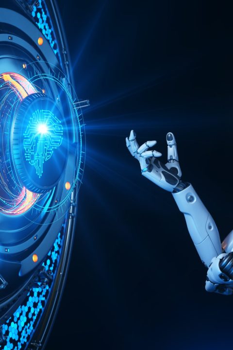 Human like robot talking to artificial intelligence. Concept. 3D illustration